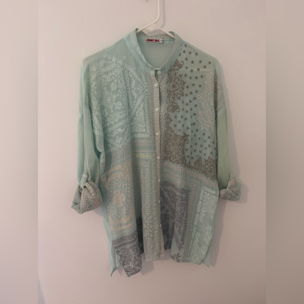 Floaty Johnny Was semi-sheer pale mint embroidered tunic XS